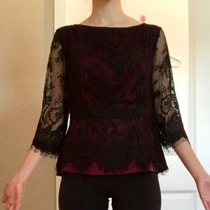 Ann Taylor Burgundy Red Black Lace Overlay Top